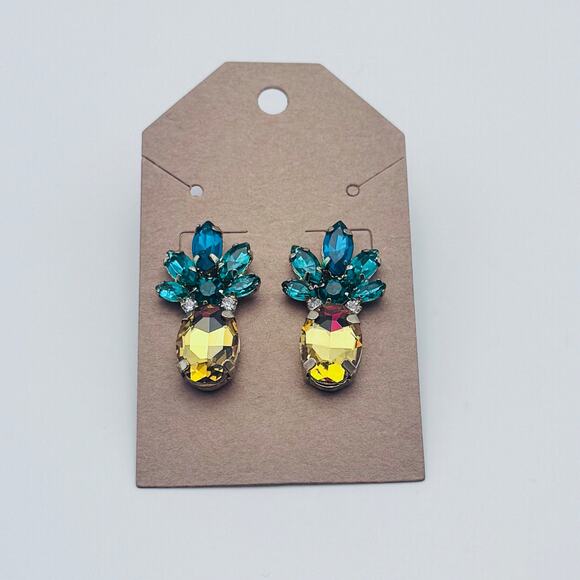 Holylove Pineapple Crystal Earrings Green and Yellow Studs - Picture 1 of 4